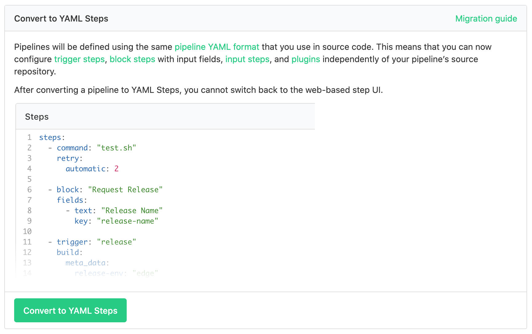 Screenshot of the YAML Steps conversion panel and button