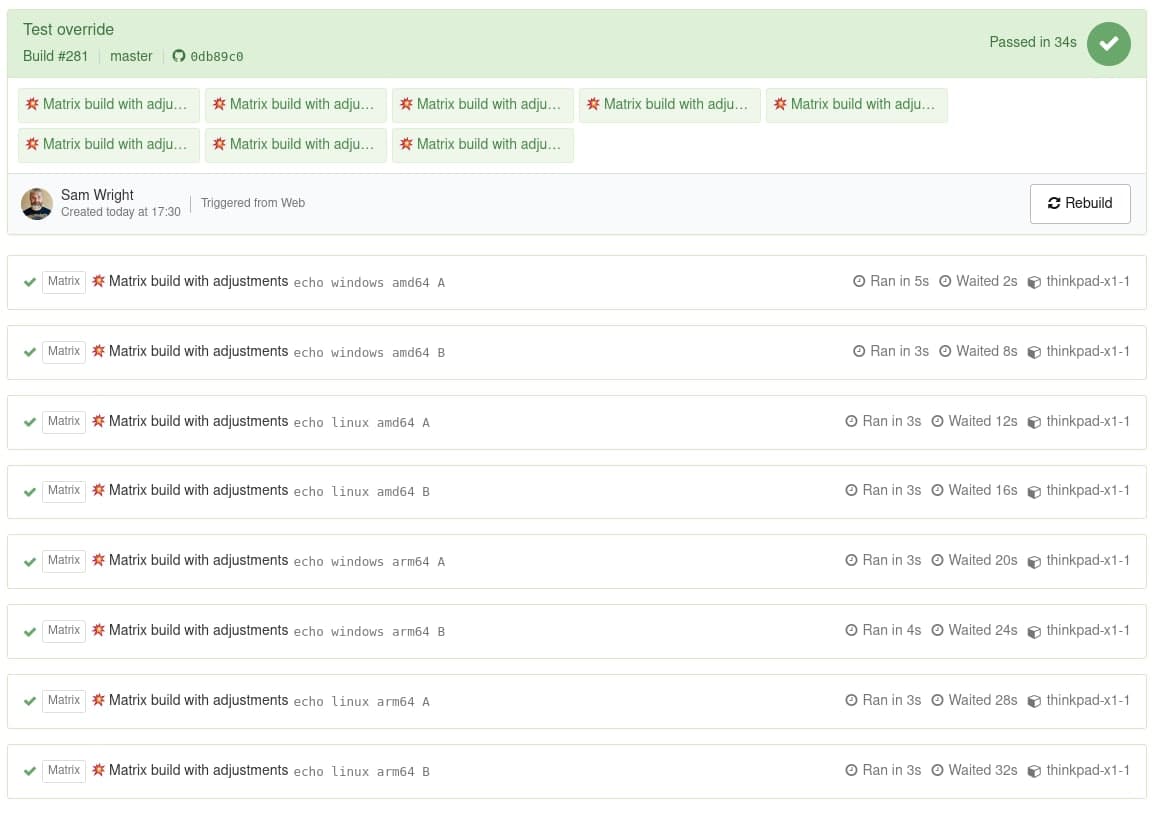 Screenshot of an eight job matrix